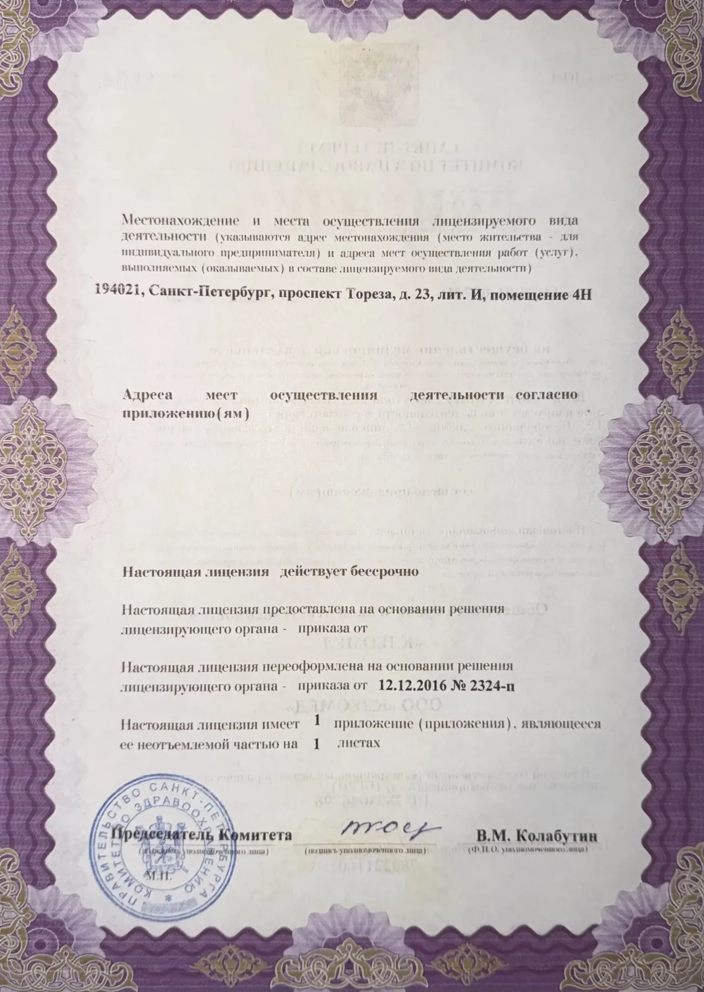 Лицензия на осуществление медицинской деятельности — лист 1